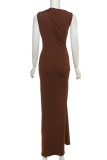 Elegant Solid Color Metal Accessories Trim O Neck Long Dresses
