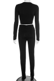 Sexy Solid Color Metal Accessories Trim V Neck Long Sleeve Two Pieces