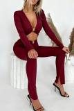 Sexy Solid Color Metal Accessories Trim V Neck Long Sleeve Two Pieces
