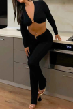 Sexy Solid Color Metal Accessories Trim V Neck Long Sleeve Two Pieces