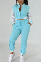 Casual Solid Color Buckle Contrast O Neck Long Sleeve Two Pieces