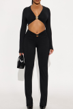Sexy Solid Color Metal Accessories Trim V Neck Long Sleeve Two Pieces