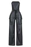 Sexy Solid Color Pocket Strapless Regular Jumpsuits