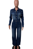 Casual Solid Color Buckle Turndown Collar Long Sleeve Regular Denim Jumpsuits