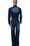 Casual Solid Color Buckle Turndown Collar Long Sleeve Regular Denim Jumpsuits