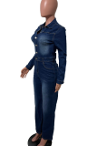 Casual Solid Color Buckle Turndown Collar Long Sleeve Regular Denim Jumpsuits