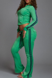 Casual Stripe Contrast Zipper Collar Long Sleeve Two Pieces