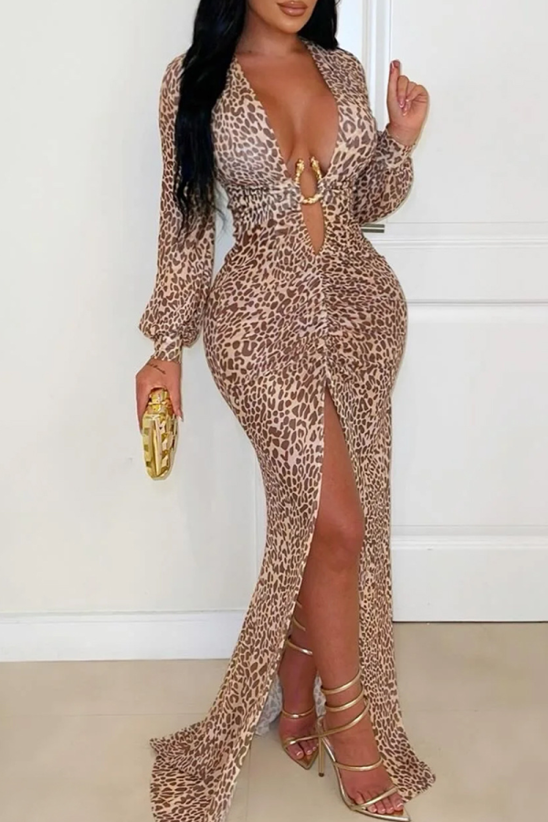 Sexy Leopard Print High Slit Deep V Neck Long Dresses