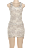 Sexy Solid Color Sequins U Neck Sleeveless Two Pieces
