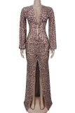 Sexy Leopard Print High Slit Deep V Neck Long Dresses