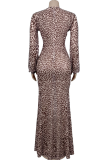 Sexy Leopard Print High Slit Deep V Neck Long Dresses