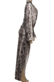 Sexy Snakeskin Print High Slit Turndown Collar Long Dresses