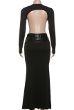 Sexy Solid Color Hollow Out Deep V Neck Long Dresses