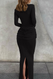 Elegant Solid Color Slit Ruched O Neck Long Dresses