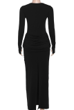 Elegant Solid Color Slit Ruched O Neck Long Dresses