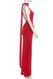 Elegant Solid Color Patchwork O Neck Long Dresses