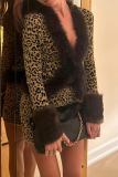 Sexy Leopard Print Patchwork Deep V Neck Long Sleeve Two Pieces