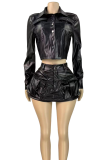 Casual Solid Color Buckle Turndown Collar Long Sleeve Two Pieces