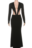 Sexy Solid Color Hollow Out Deep V Neck Long Dresses