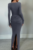 Elegant Solid Color Slit Ruched O Neck Long Dresses