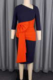 Elegant Ruched Contrast V Neck Wrapped Skirt Dresses