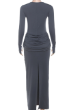 Elegant Solid Color Slit Ruched O Neck Long Dresses