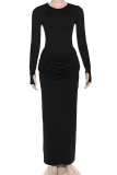 Elegant Solid Color Slit Ruched O Neck Long Dresses