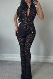 Sexy Solid Color Lace O Neck Skinny Jumpsuits