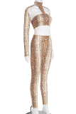 Sexy Snakeskin Print Hollow Out Half A Turtleneck Long Sleeve Two Pieces