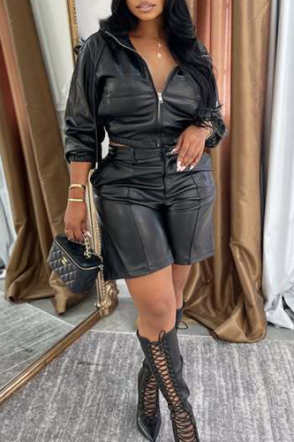 Casual Solid Color Zipper Zipper Collar Long Sleeve Two Pieces