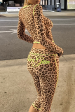 Casual Leopard Print Contrast O Neck Long Sleeve Two Pieces