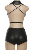 Sexy Solid Color Cross Straps Deep V Neck Sleeveless Two Pieces