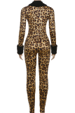 Sexy Leopard Print Deep V Neck Skinny Jumpsuits