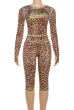 Casual Leopard Print Contrast O Neck Long Sleeve Two Pieces