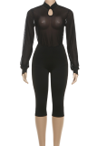 Sexy Solid Color Mesh Mandarin Collar Long Sleeve Two Pieces