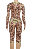 Casual Leopard Print Contrast O Neck Long Sleeve Two Pieces