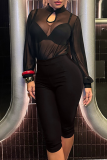 Sexy Solid Color Mesh Mandarin Collar Long Sleeve Two Pieces