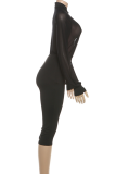 Sexy Solid Color Mesh Mandarin Collar Long Sleeve Two Pieces