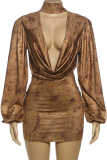 Sexy Print Ruched Deep V Neck Wrapped Skirt Dresses