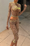Casual Leopard Print Contrast O Neck Long Sleeve Two Pieces