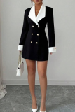 Casual Solid Color Buckle Contrast Turn-back Collar Suit Dresses