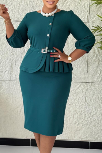 Elegant Solid Color Pleated O Neck Wrapped Skirt Dresses