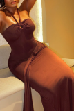 Elegant Solid Color Strap Design Halter Long Dresses