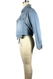 Casual Solid Color Buckle Turndown Collar Long Sleeve Loose Denim Jacket