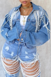 Casual Solid Color Buckle Pearls Decor Turndown Collar Long Sleeve Straight Denim Jacket