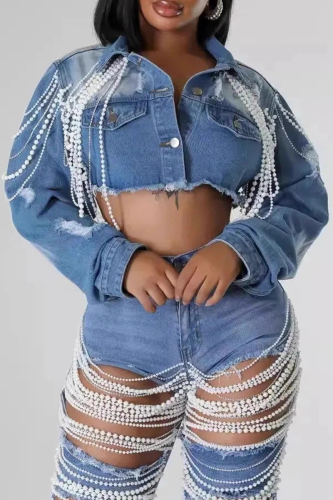 Casual Solid Color Buckle Pearls Decor Turndown Collar Long Sleeve Straight Denim Jacket