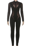 Sexy Solid Color See-Through Zipper Zipper Collar Skinny Jumpsuits