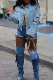 Casual Solid Color Buckle Turndown Collar Long Sleeve Loose Denim Jacket