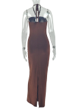 Elegant Solid Color Strap Design Halter Long Dresses