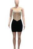 Sexy Solid Color See-Through Hot Drill O Neck Wrapped Skirt Dresses
